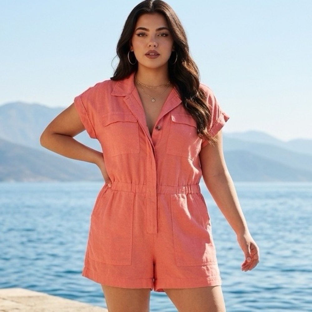Universal Thread Linen Blend Romper Womens 14 Vacation Beachy Coastal Nautical
